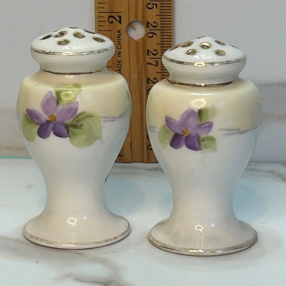 Vintage Nippon Hand Painted Porcelain Salt and Pepper Shakers Violets Gold